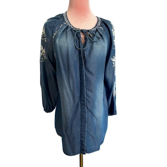 Wrangler Chambray Smock Top Shirt Embroidery Button Front 3/4 Raglan Sleeve S - Picture 1 of 9